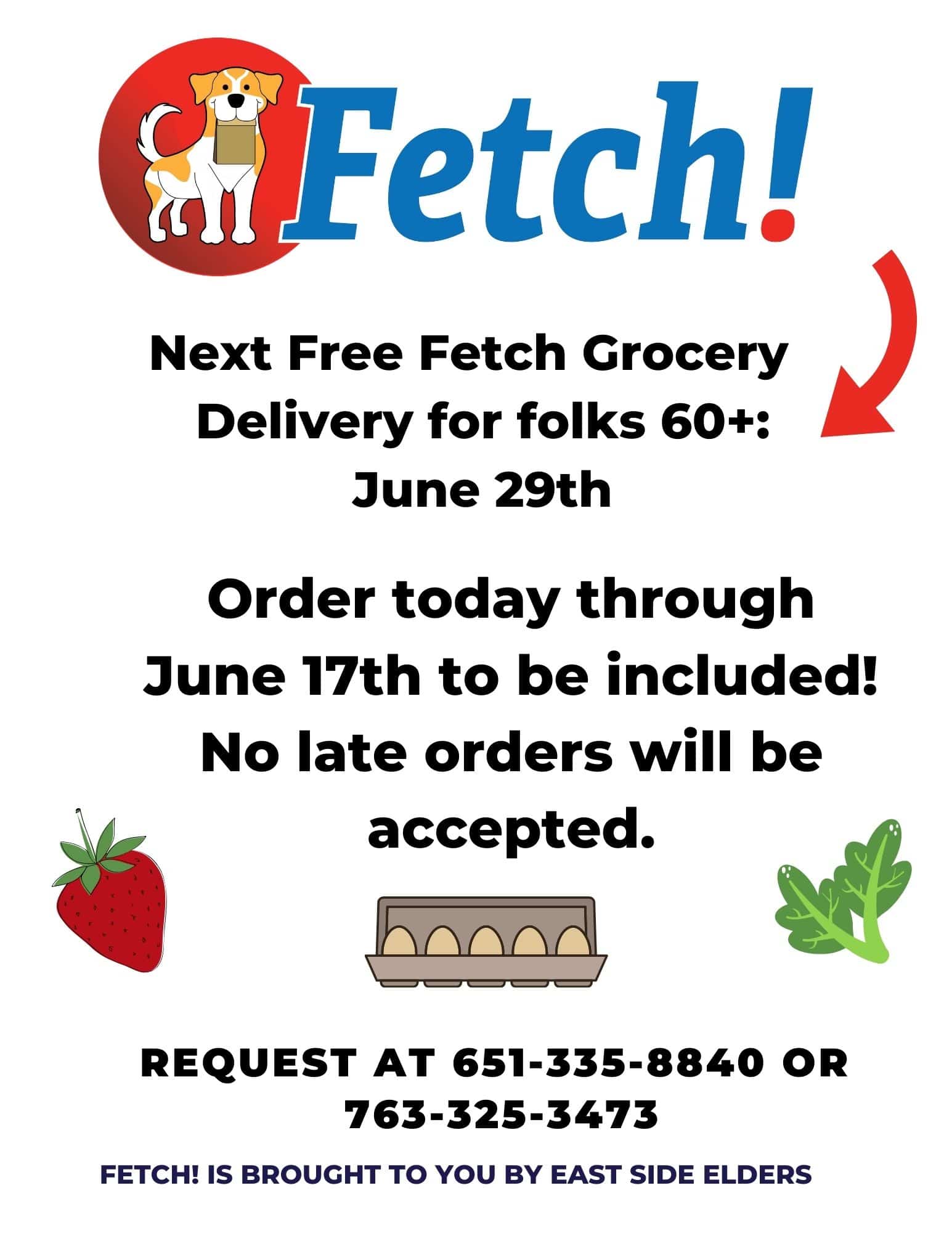 Flier for free groceries for seniors on June 29th. Fetch logo includes a yellow and white dog on a red background, holding a paper bag. For more information about Fetch, call East Side Elders at 763-325-3473. Flier also includes illustrative images of a strawberry, eggs, and leafy greens.