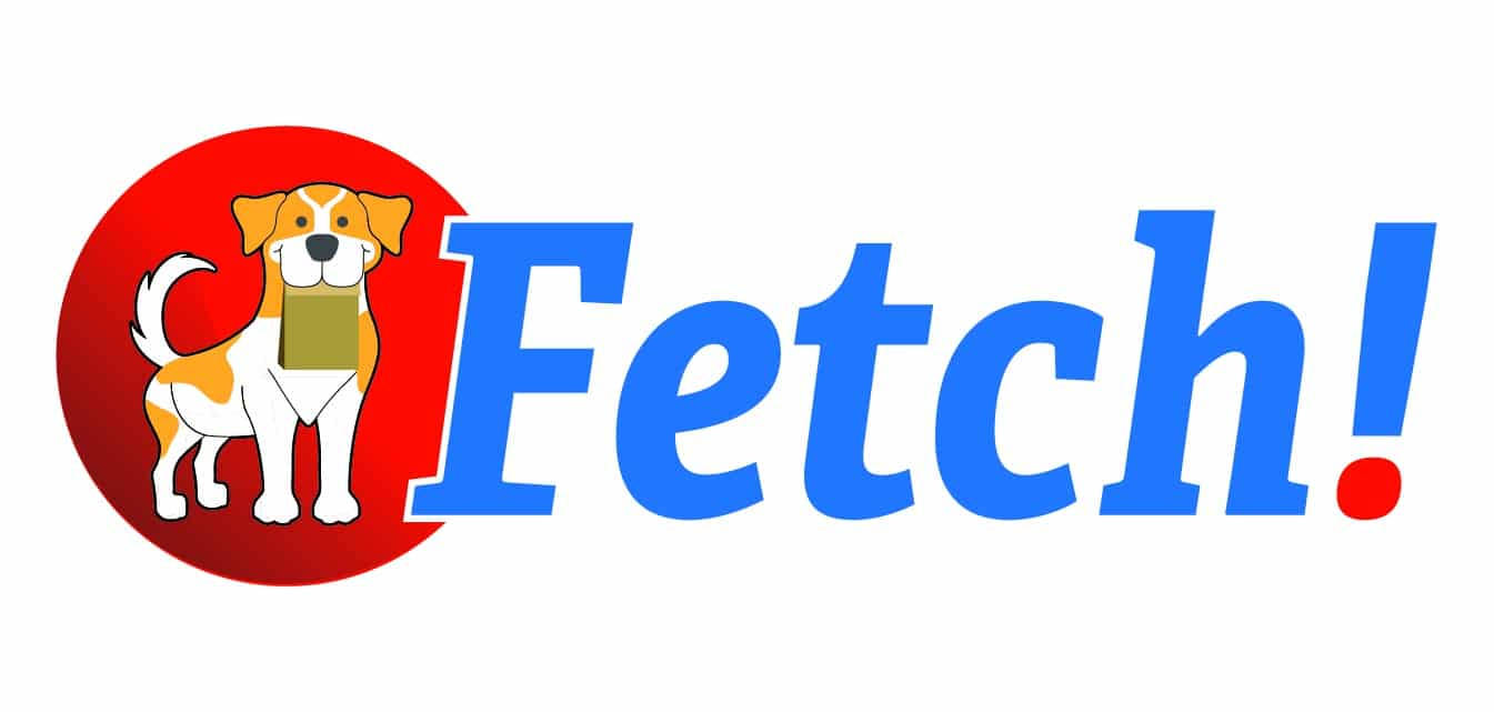 Logo for Fetch program features a yellow dog holding a paper bag on a red background.
