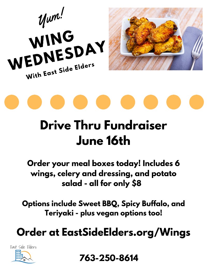 Flier for Wing Wednesday features a photograph of chicken wing and the information included in the body of the post.