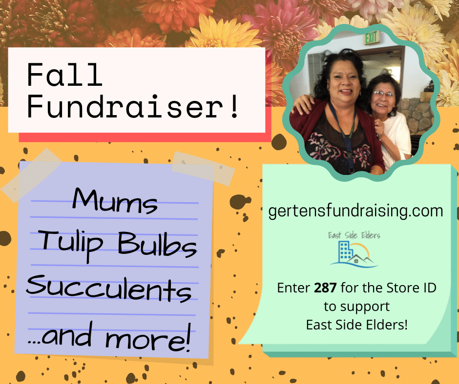 Collage style image promoting a fall fundraiser. Orange background, image of flowers, picture of a senior and staff member. Sale details are in the body of the post.