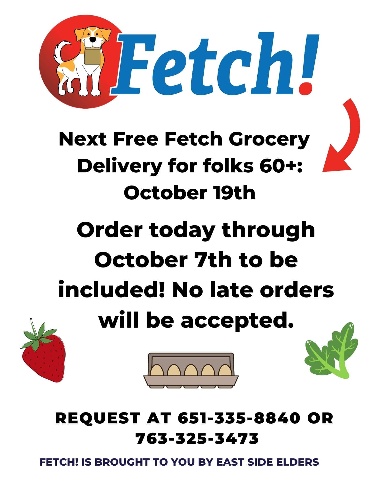 Flyer for the October Fetch distribution features illustrative images of produce and the fetch logo - a yellow and white dog holding a paper bag. Details in the post.