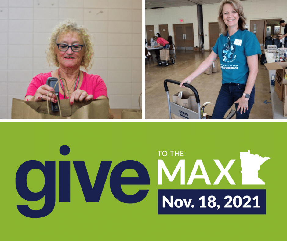 Collage of 3 images: a woman stapling a tag to a bag, a woman helping to pack food, and the give to the max logo. Text: Give to the Max. November 18, 2021.