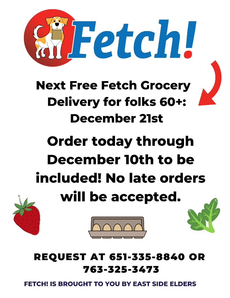 Flier for the December fetch grocery distribution. Features the logo for fetch: a yellow and white dog holding a paper bag. Details in body of the post.