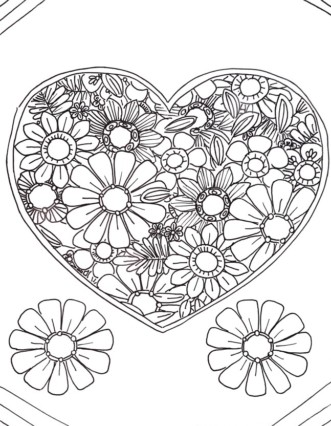 Coloring book page featuring flowers inside of a heart. 